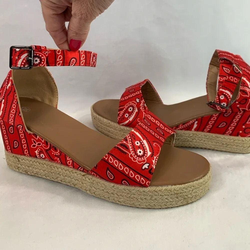 Handkerchief Pattern Platform Wedge Sandals Red Buckle Ankle Strap Size‎ 8 / 39